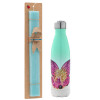 Easter Set, Metallic green/white thermos (Stainless steel), double-walled, 500ml & scented flat Easter candle (30cm) (TURQUOISE)