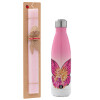 Easter Set, Metallic pink/white (Stainless steel) thermos, double-walled, 500ml & aromatic flat Easter candle (30cm) (PINK)