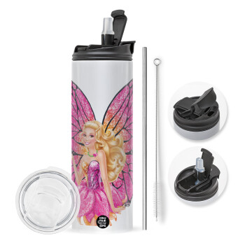 Barbie Νεράιδα, Travel Tumbler θερμό με διπλό καπάκι, μεταλλικό καλαμάκι και βούρτσα καθαρισμού (Ανωξείδωτο 304 Food grade, BPA free, 600ml)