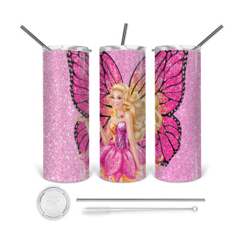 Barbie Νεράιδα, 360 Eco friendly ποτήρι θερμό (tumbler) από ανοξείδωτο ατσάλι 600ml, με μεταλλικό καλαμάκι & βούρτσα καθαρισμού