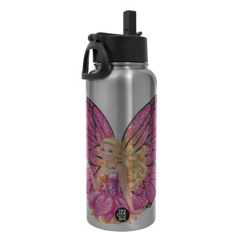 A fairy Barbie, Metal mug thermo Silver with Straw and Spout Lid (Stainless steel), double wall, 950ml