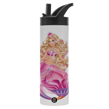 Barbie mermaid blue, Metallic thermos bottle with straw & handle, stainless steel (Stainless steel 304), double-walled, 600ml.