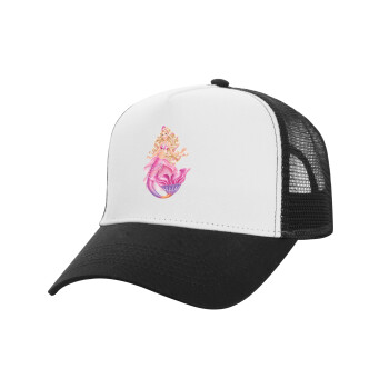 Barbie mermaid blue, Adult Structured Trucker Hat, with Mesh, WHITE/BLACK (100% COTTON, ADULT, UNISEX, ONE SIZE)