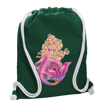 Barbie mermaid blue, Τσάντα πλάτης πουγκί GYMBAG BOTTLE GREEN, με τσέπη (40x48cm) & χονδρά λευκά κορδόνια