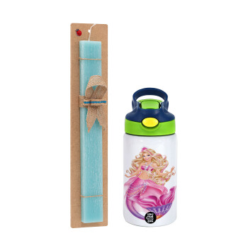 Barbie mermaid blue, Easter Set, Children's thermal stainless steel bottle with safety straw, green/blue (350ml) & aromatic flat Easter candle (30cm) (TURQUOISE)