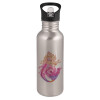 Water bottle Silver with straw, stainless steel 600ml