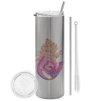 Barbie mermaid blue, Tumbler stainless steel Silver 600ml, with metal straw & cleaning brush