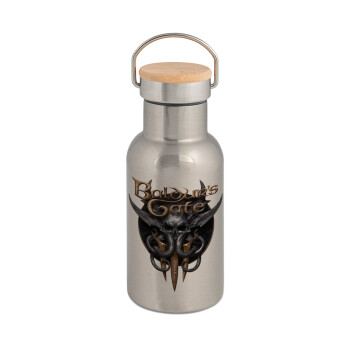 Baldur's Gate, Stainless steel metallic thermos flask, silver with a bamboo lid, double-walled, 350ml.