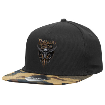 Baldur's Gate, Adult Flat Snapback Hat Black/Camouflage, (100% COTTON TWILL, ADULT, UNISEX, ONE SIZE)