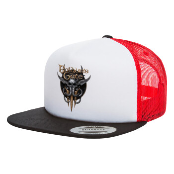 Baldur's Gate, Adult Foam Flat Snapback with Mesh Black-White-Red (POLYESTER, ADULT, UNISEX, ONE SIZE)