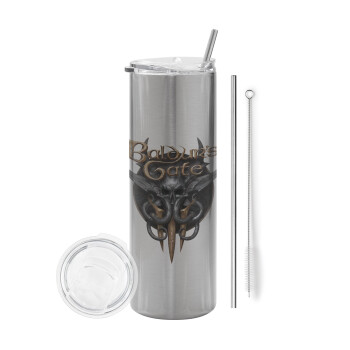 Baldur's Gate, Eco friendly ποτήρι θερμό Ασημένιο (tumbler) από ανοξείδωτο ατσάλι 600ml, με μεταλλικό καλαμάκι & βούρτσα καθαρισμού