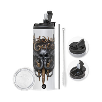 Baldur's Gate, Travel Tumbler 2 Lids, with metal straw & cleaning brush (Stainless steel 304 Food grade, BPA free, 600ml)