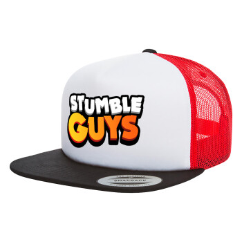 Stumble Guys, Adult Foam Flat Snapback with Mesh Black-White-Red (POLYESTER, ADULT, UNISEX, ONE SIZE)