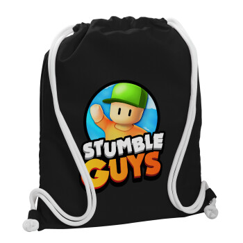 Stumble Guys, Backpack pouch GYMBAG Black, with pocket (40x48cm) & thick white cords