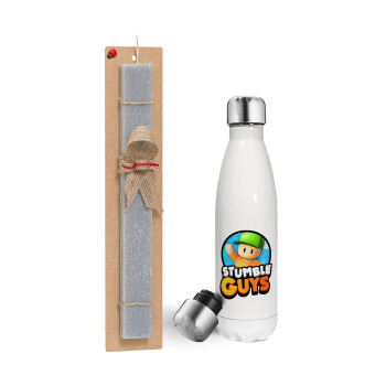 Stumble Guys, Easter candle, metallic white thermos bottle (500ml) & aromatic flat candle (30cm) (GRAY)