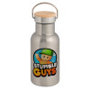 Stainless steel metallic thermos flask, silver with a bamboo lid, double-walled, 350ml.