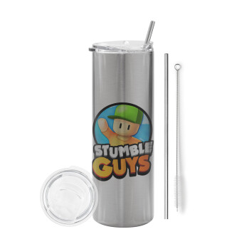 Stumble Guys, Eco friendly ποτήρι θερμό Ασημένιο (tumbler) από ανοξείδωτο ατσάλι 600ml, με μεταλλικό καλαμάκι & βούρτσα καθαρισμού