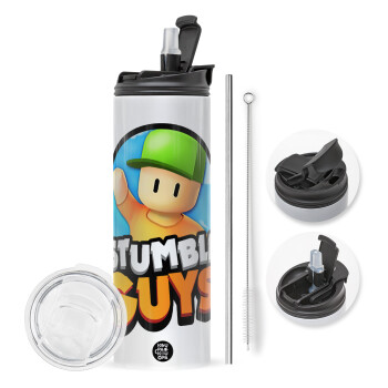 Stumble Guys, Travel Tumbler θερμό με διπλό καπάκι, μεταλλικό καλαμάκι και βούρτσα καθαρισμού (Ανωξείδωτο 304 Food grade, BPA free, 600ml)