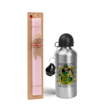 John Cena, Easter Set, metallic Silver aluminum water bottle (500ml) & scented flat Easter candle (30cm) (PINK)