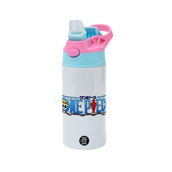 Onepiece logo, Children's hot water bottle, stainless steel, with safety straw, Pink/BlueCiel (360ml) BPA FREE