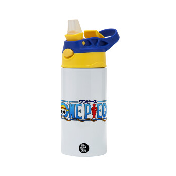 Onepiece logo, Children's hot water bottle, stainless steel, with safety straw, green, blue (360ml) BPA FREE