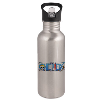 Onepiece logo, Water bottle Silver with straw, stainless steel 600ml