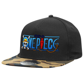 Onepiece logo, Adult Flat Snapback Hat Black/Camouflage, (100% COTTON TWILL, ADULT, UNISEX, ONE SIZE)