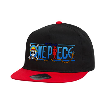 Onepiece logo, Καπέλο παιδικό Flat Snapback, Μαύρο/Κόκκινο (100% ΒΑΜΒΑΚΕΡΟ, ΠΑΙΔΙΚΟ, UNISEX, ONE SIZE)