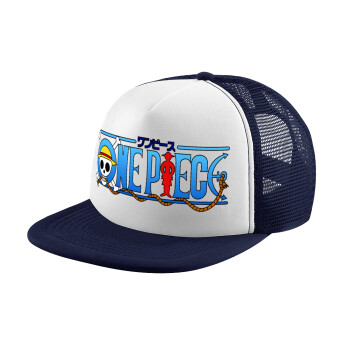 Onepiece logo, Adult Soft Trucker Hat with Dark Blue/White Mesh (POLYESTER, ADULT, UNISEX, ONE SIZE)