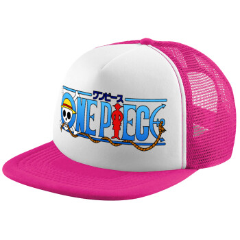 Onepiece logo, Καπέλο Ενηλίκων Soft Trucker με Δίχτυ Pink/White (POLYESTER, ΕΝΗΛΙΚΩΝ, UNISEX, ONE SIZE)