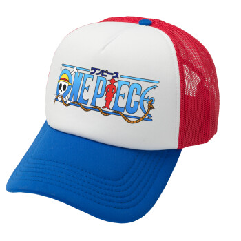 Onepiece logo, Adult Soft Trucker Hat with Red/Blue/White Mesh (POLYESTER, ADULT, UNISEX, ONE SIZE)