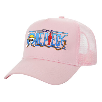 Onepiece logo, Structured Trucker Children's Hat, with Mesh, PINK (100% COTTON, CHILDREN'S, UNISEX, ONE SIZE)