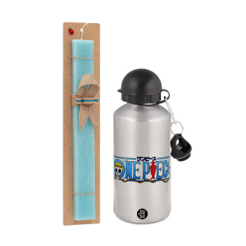 Onepiece logo, Easter Set, metallic silver aluminum water bottle (500ml) & scented flat Easter candle (30cm) (TURQUOISE)