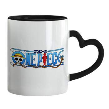 Onepiece logo, Κούπα καρδιά χερούλι μαύρη, κεραμική, 330ml