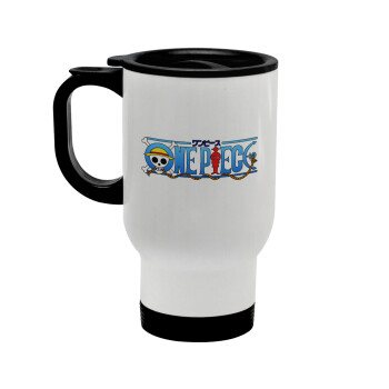 Onepiece logo, Stainless steel travel mug with lid, double wall white 450ml