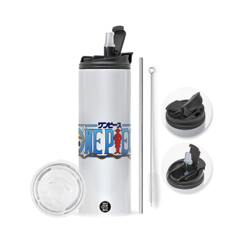 Onepiece logo, Travel Tumbler θερμό με διπλό καπάκι, μεταλλικό καλαμάκι και βούρτσα καθαρισμού (Ανωξείδωτο 304 Food grade, BPA free, 600ml)