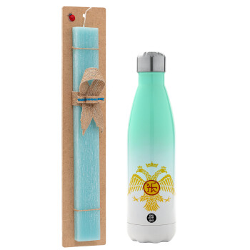 Byzantine Empire, Easter Set, Metallic green/white thermos (Stainless steel), double-walled, 500ml & scented flat Easter candle (30cm) (TURQUOISE)