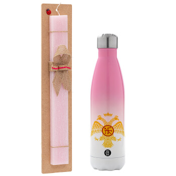 Byzantine Empire, Easter Set, Metallic pink/white (Stainless steel) thermos, double-walled, 500ml & aromatic flat Easter candle (30cm) (PINK)