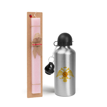 Byzantine Empire, Easter Set, metallic Silver aluminum water bottle (500ml) & scented flat Easter candle (30cm) (PINK)