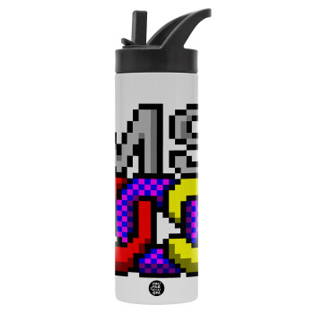 MsDos, Metallic thermos bottle with straw & handle, stainless steel (Stainless steel 304), double-walled, 600ml.