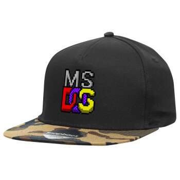 MsDos, Adult Flat Snapback Hat Black/Camouflage, (100% COTTON TWILL, ADULT, UNISEX, ONE SIZE)