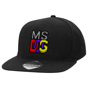 MsDos, Adult Flat Snapback Hat Black, (100% COTTON TWILL, ADULT, UNISEX, ONE SIZE)