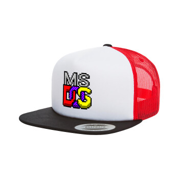 MsDos, Adult Foam Flat Snapback with Mesh Black-White-Red (POLYESTER, ADULT, UNISEX, ONE SIZE)