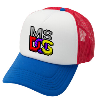 MsDos, Adult Soft Trucker Hat with Red/Blue/White Mesh (POLYESTER, ADULT, UNISEX, ONE SIZE)