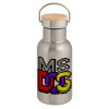 Stainless steel metallic thermos flask, silver with a bamboo lid, double-walled, 350ml.