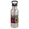 Water bottle Silver with straw, stainless steel 600ml