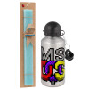 Easter Set, metallic silver aluminum water bottle (500ml) & scented flat Easter candle (30cm) (TURQUOISE)