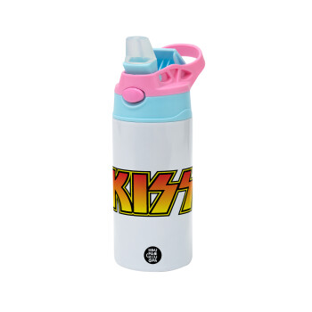 KISS, Children's hot water bottle, stainless steel, with safety straw, Pink/BlueCiel (360ml) BPA FREE