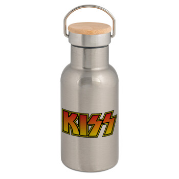 KISS, Μεταλλικό παγούρι θερμός (Stainless steel) Ασημένιο με ξύλινο καπακι (bamboo), διπλού τοιχώματος, 350ml