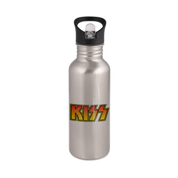 KISS, Water bottle Silver with straw, stainless steel 600ml